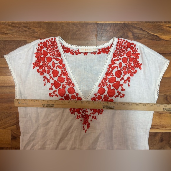 Tory Burch Linen Tunic Top M White Red Embroidered Boho Cover Up - Picture 3 of 7